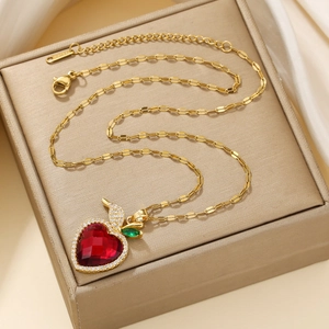 Luxury titanium steel apple pendant necklace with red heart crystal and gold chain