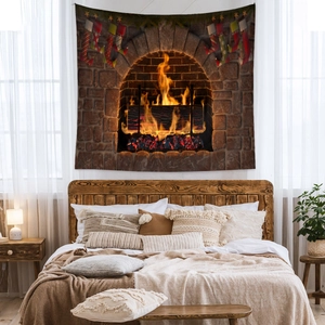 Detailed 3D printed fireplace tapestry with festive stockings on a bedroom wall