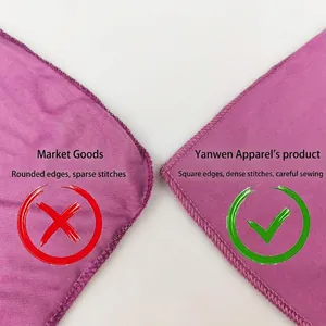 Purple cotton scarf showing comparison between loose stitching and high-density square edges