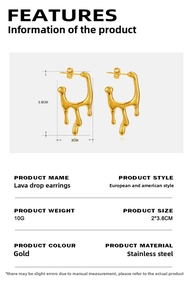 Detailed size chart for lava drop earrings showing 3.8cm height and 2cm width specifications