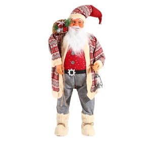 Standing Santa Claus figure with gift bag and lantern in red and grey festive knitwear