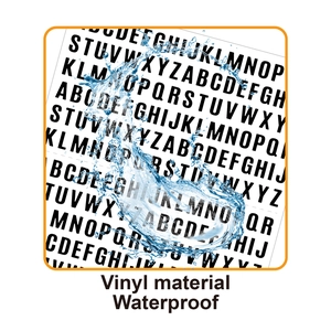 Waterproof vinyl alphabet stickers showing splash resistance on A-Z uppercase letters
