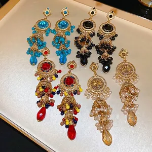Vintage Bohemian Jhumka Tassel Earrings Alloy Crystal Rhinestone Artificial Pearl Long Tiered Drop Dangle Ethnic Jewelry Women