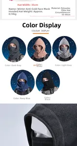 Detalle de gorro máscara de invierno con especificaciones de fibra y cinco colores