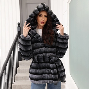 Women's faux fur hooded coat with black and grey stripes and matching waist belt