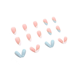 French style almond press-on nails with blue gradient and pink glitter design