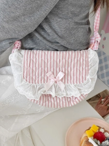Gestreifte Stepptasche in Pink und Blau mit Spitzenborte und Schleife für Damen