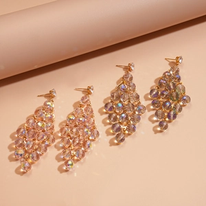 Elegant rhombic crystal earrings with multi-layer beads in champagne and iridescent hues