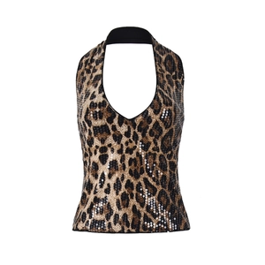 Close-up of leopard print sequins and halter neck stitching on the cropped top