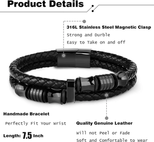 Detailing 316L stainless steel magnetic clasp and genuine leather braid on men's bracelet