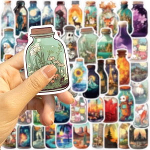 Close-up of assorted bottle-shaped cartoon stickers featuring floral and animal patterns