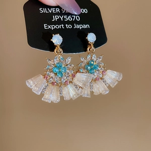 Detail of fan-shaped drop earrings with colorful crystals and 925 silver tag