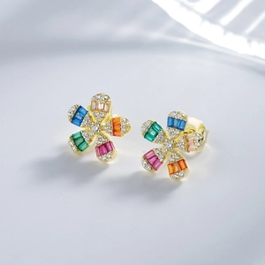 Chic silver daisy stud earrings with vibrant multi-color zircon stones and gold plating