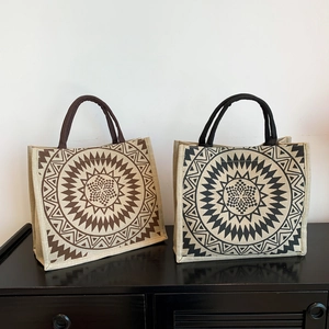 Large linen tote bags with ethnic mandala prints and sturdy handles for women