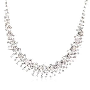 Detailed view of silver crystal bridal necklace with layered rhinestone fringe tassels