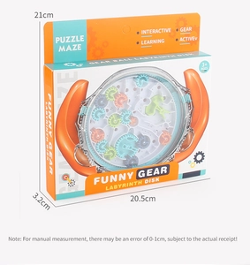 Detailed view of kids' gear labyrinth puzzle packaging with dimensions 20.5x21x3.2 cm