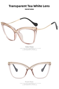 Cat eye glasses frames with transparent tea-colored rims and golden metal temples