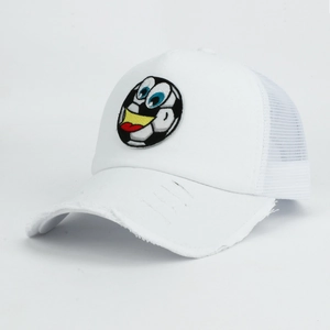Detail of white mesh trucker hat featuring cartoon soccer embroidery and distressed brim