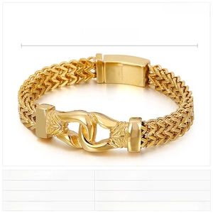 Detail view of gold double-row dragon scale steel bracelet measuring 210mm by 11mm