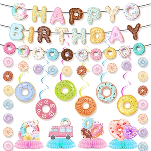 Donut Theme Party Deko Kit Papier Banner Luftballons Wirbel Waben Mittelstück Für Kinder Geburtstag Feier Bunt
