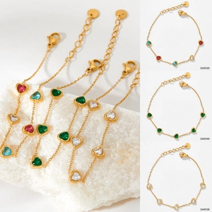 Stainless Steel Heart Shaped Zircon Bracelet Colorful Stones Elegant Fashion Jewelry For Women Adjustable Chain Link