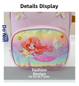 Close-up of glitter pink mermaid backpack featuring a cartoon princess illustration and zip pocket