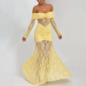 Robe Maxi Épaules Dénudées Dentelle Patchwork Froncé Manches Longues Moulante Sexy Élégante Soirée Style Rue Femmes