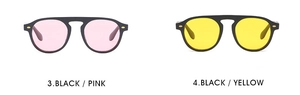 Detail view of stylish retro sunglasses with pink and yellow lenses in black frames