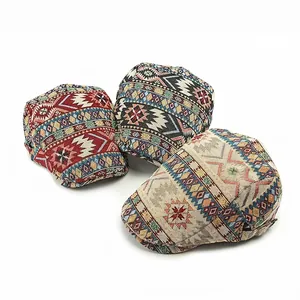 Ethnic jacquard ivy caps with bohemian geometric patterns in red, black and beige