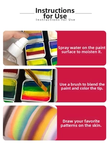 How to use water-soluble body paint palette showing steps and colorful arm swatches