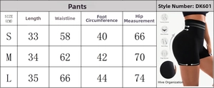 Size chart for high-waisted yoga shorts with honeycomb fabric and tummy control features