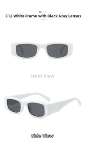C12 square white frame sunglasses with dark grey lenses shown in front and side view