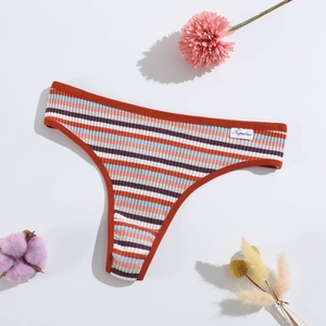 Vue détaillée du string rayé à taille basse avec texture côtelée et décor floral