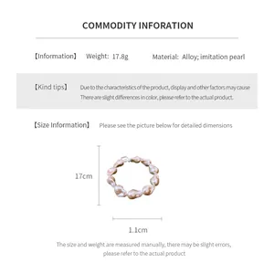 Detailed size chart for irregular pearl bracelet featuring 17cm length and alloy materials