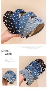 Detail of denim knotted headbands featuring assorted pearls and sparkling rhinestones