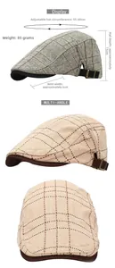 Size guide for British plaid newsboy cap with adjustable buckle and 55-60cm circumference