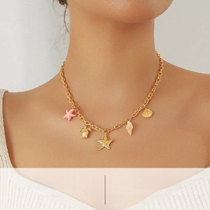 Detailed close-up of a gold stainless steel chain necklace with colorful marine charms