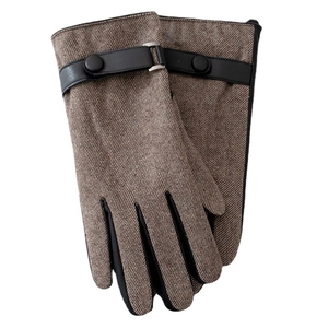 Men's brown herringbone wool gloves with touchscreen PU leather palms and metal buckle strap
