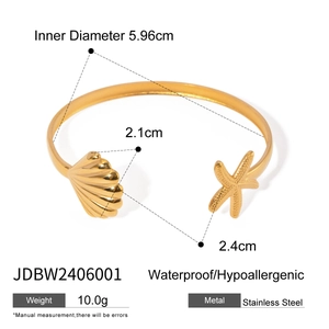 Detailed size measurement of 18K gold stainless steel starfish and seashell cuff bangle