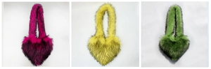Three heart-shaped faux fur bags in rose red, yellow, and green with black tips