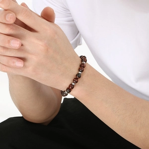 Bracelet pour homme en perles d'œil de tigre rouge et agate mate avec acier inox