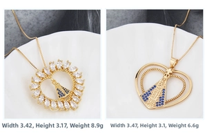 Détail de pendentifs Vierge Marie ronds et en cœur avec zircons colorés et dorure