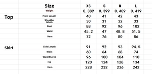 Detailed size chart for denim jacquard sleeveless top and long skirt two-piece set