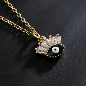 Minimalist 18K gold plated evil eye pendant necklace with black enamel and zircon crystals