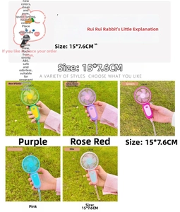Detail showing five colorful portable USB fans with lanyard, size 15cm by 7.6cm