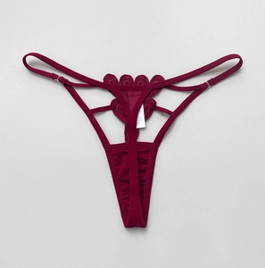 Macro detail of wine red lace thong with intricate butterfly embroidery and strappy design