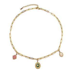 Detail of gold stainless steel necklace with pink and green natural stone pendants