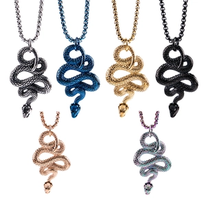 Punk Stainless Steel Snake Pendant Necklace For Men Women Gothic Animal Coiled Snake Jewelry Vintage Box Chain