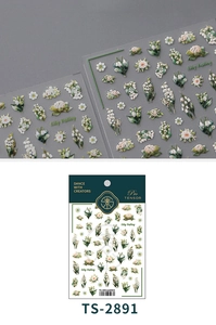 Macro detail of 3D embossed lily of the valley nail art stickers with textured floral patterns