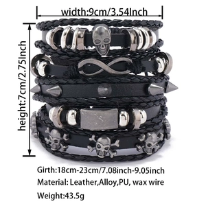 Detail view of layered leather bracelets showing dimensions and punk alloy ornaments